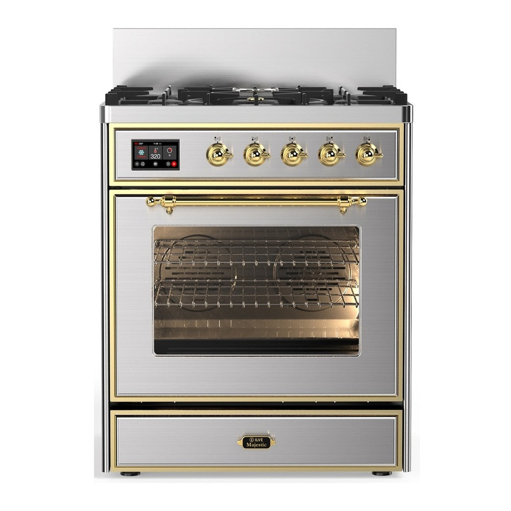 ILVE Majestic III 30" Stainless Steel Dual Fuel Range with 5 Burners Triple Glass Door Liquid Propane