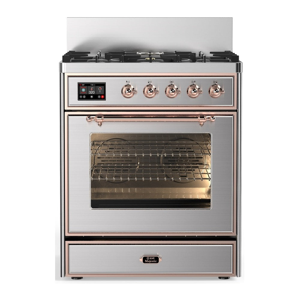 ILVE Majestic III 30" Stainless Steel Dual Fuel Range with 5 Burners Triple Glass Door Liquid Propane