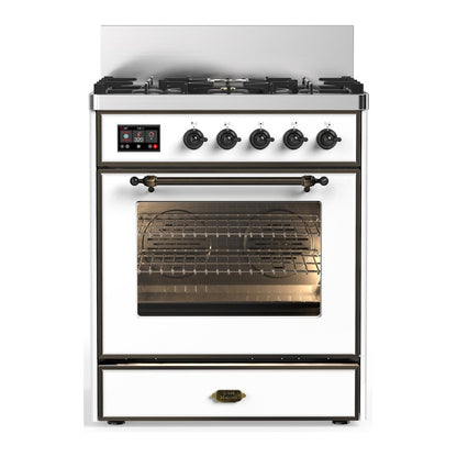 ILVE Majestic III 30" White Dual Fuel Range with 5 Burners Triple Glass Door Liquid Propane