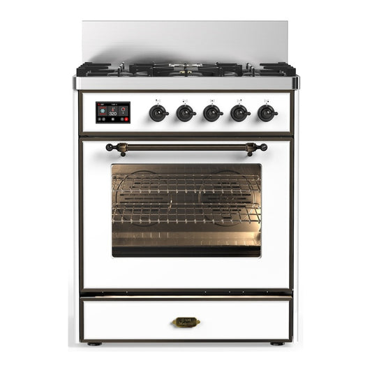 ILVE Majestic III 30" White Dual Fuel Range with 5 Burners Triple Glass Door Liquid Propane