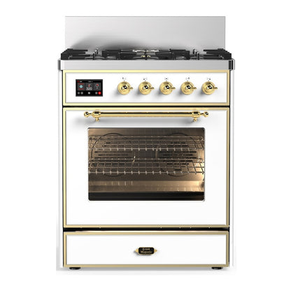ILVE Majestic III 30" White Dual Fuel Range with 5 Burners Triple Glass Door Liquid Propane
