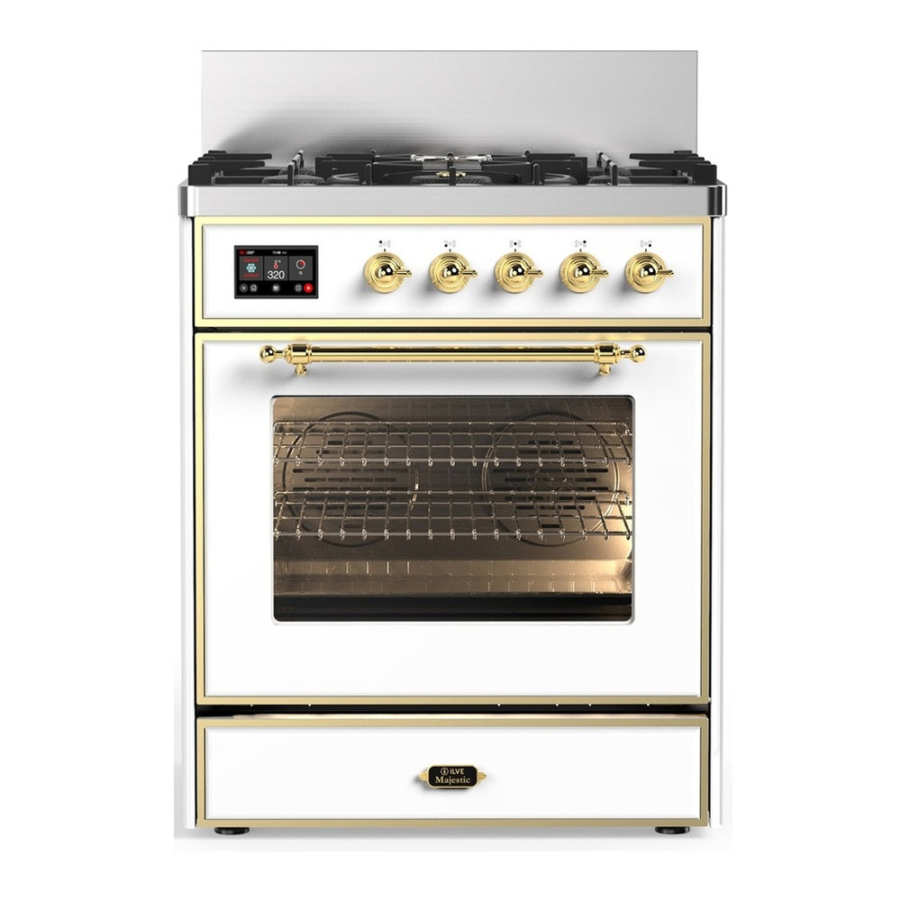 ILVE Majestic III 30" White Dual Fuel Range with 5 Burners Triple Glass Door Natural Gas