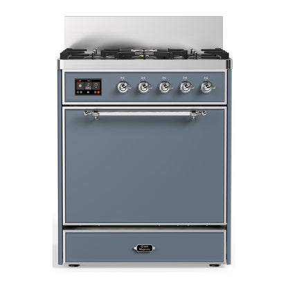 ILVE Majestic III 30" Blue Grey Dual Fuel Range with 5 Burners Solid Door Liquid Propane