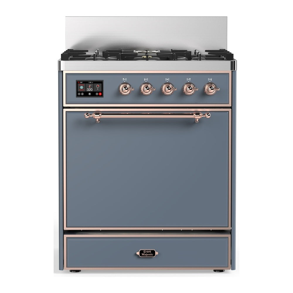 ILVE Majestic III 30" Blue Grey Dual Fuel Range with 5 Burners Solid Door Liquid Propane
