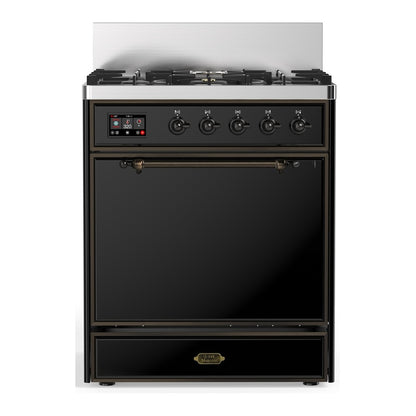 ILVE Majestic III 30" Glossy Black Dual Fuel Range with 5 Burners Solid Door Liquid Propane