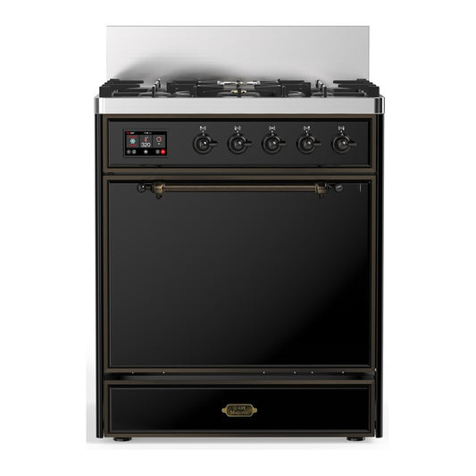 ILVE Majestic III 30" Glossy Black Dual Fuel Range with 5 Burners Solid Door Liquid Propane