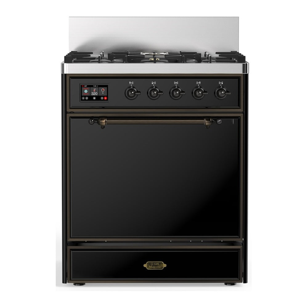ILVE Majestic III 30" Glossy Black Dual Fuel Range with 5 Burners Solid Door Natural Gas