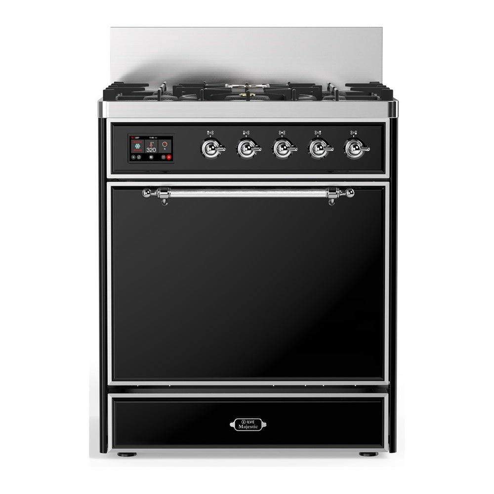 ILVE Majestic III 30" Glossy Black Dual Fuel Range with 5 Burners Solid Door Liquid Propane