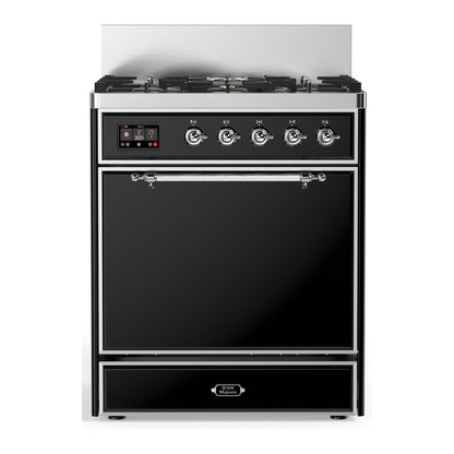 ILVE Majestic III 30" Glossy Black Dual Fuel Range with 5 Burners Solid Door Liquid Propane