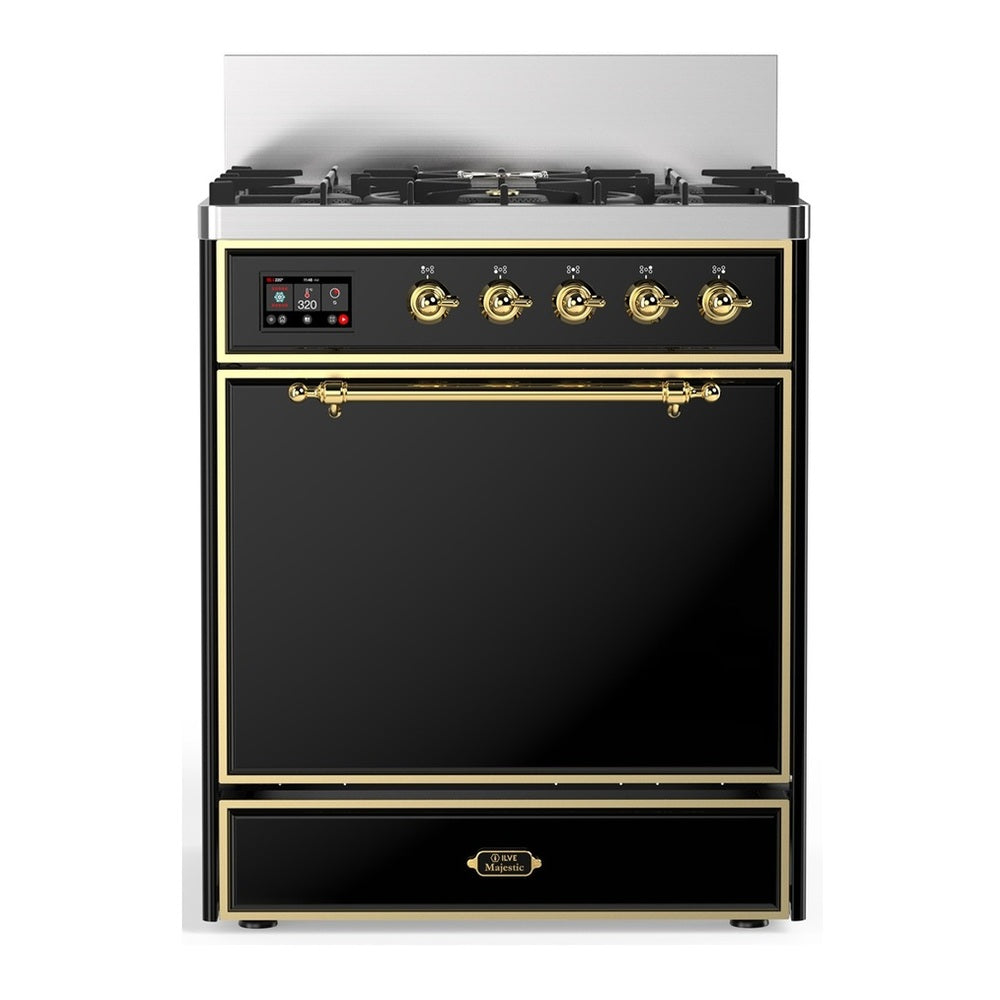 ILVE Majestic III 30" Glossy Black Dual Fuel Range with 5 Burners Solid Door Natural Gas