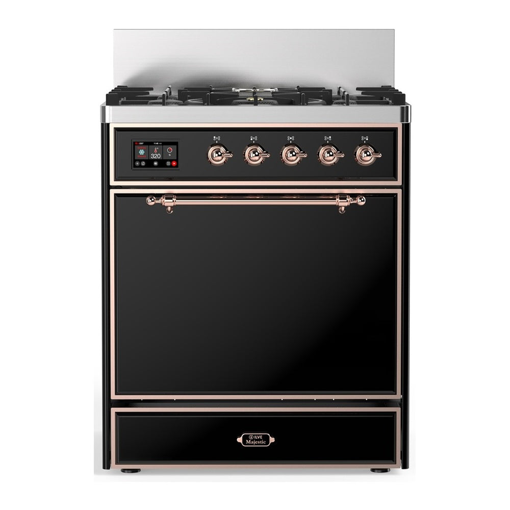 ILVE Majestic III 30" Glossy Black Dual Fuel Range with 5 Burners Solid Door Natural Gas