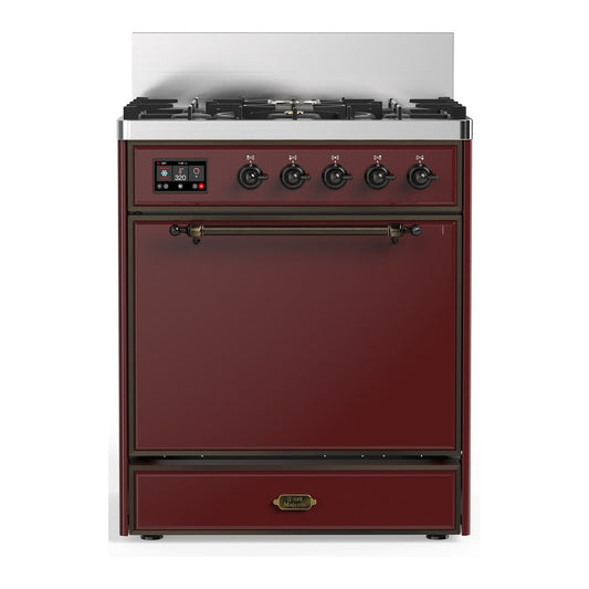 ILVE Majestic III 30" Burgundy Dual Fuel Range with 5 Burners Solid Door Natural Gas
