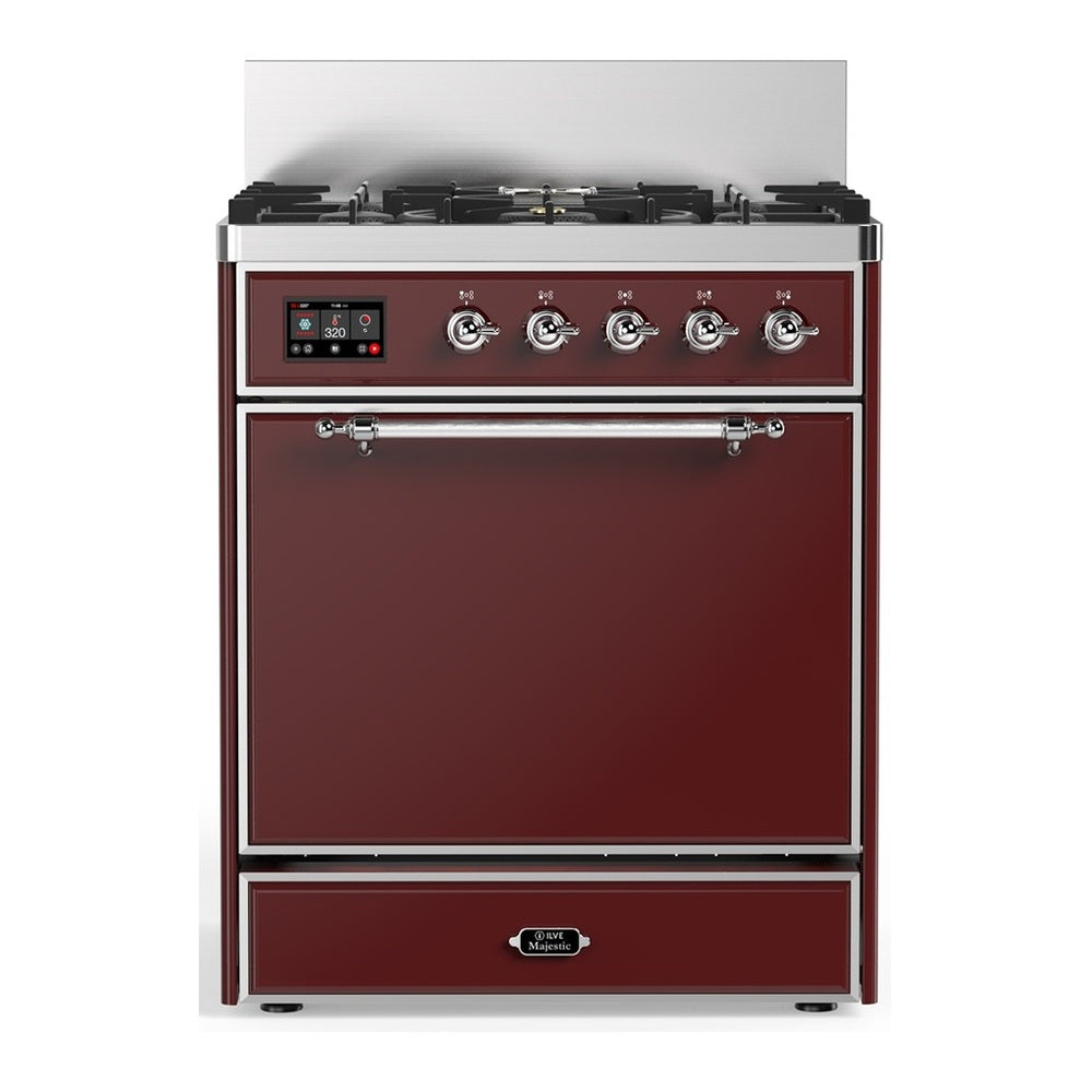 ILVE Majestic III 30" Burgundy Dual Fuel Range with 5 Burners Solid Door Natural Gas