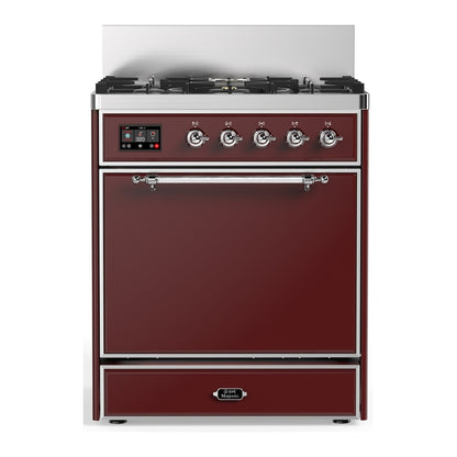 ILVE Majestic III 30" Burgundy Dual Fuel Range with 5 Burners Solid Door Natural Gas
