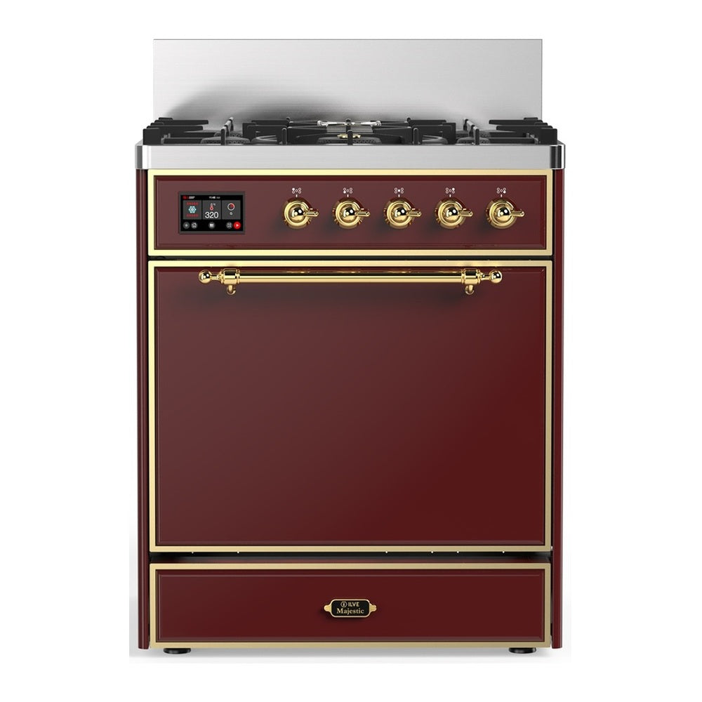 ILVE Majestic III 30" Burgundy Dual Fuel Range with 5 Burners Solid Door Liquid Propane