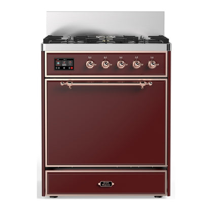 ILVE Majestic III 30" Burgundy Dual Fuel Range with 5 Burners Solid Door Liquid Propane