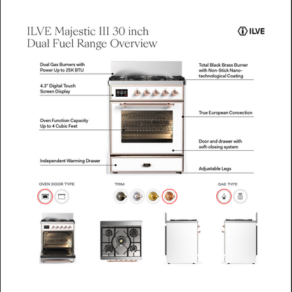 ILVE Majestic III 30" Graphite Matte Dual Fuel Range with 5 Burners Solid Door Natural Gas