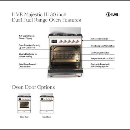 ILVE Majestic III 30" RAL Dual Fuel Range with 5 Burners Solid Door Natural Gas