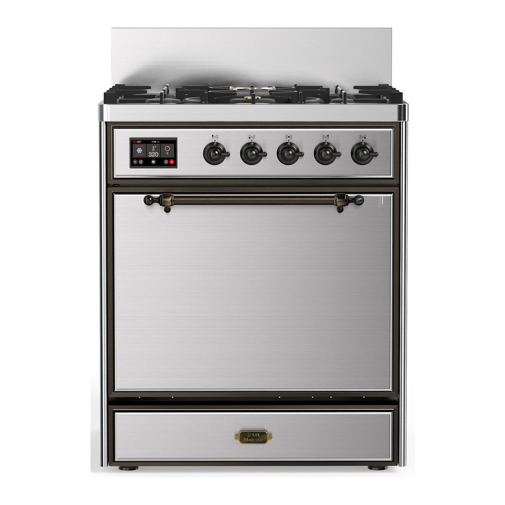 ILVE Majestic III 30" Stainless Steel Dual Fuel Range with 5 Burners Solid Door Liquid Propane