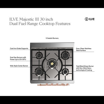 ILVE Majestic III 30" Stainless Steel Dual Fuel Range with 5 Burners Solid Door Liquid Propane