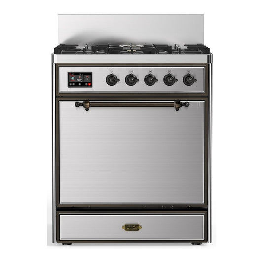 ILVE Majestic III 30" Stainless Steel Dual Fuel Range with 5 Burners Solid Door Natural Gas