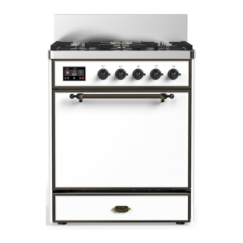 ILVE Majestic III 30" White Dual Fuel Range with 5 Burners Solid Door Natural Gas