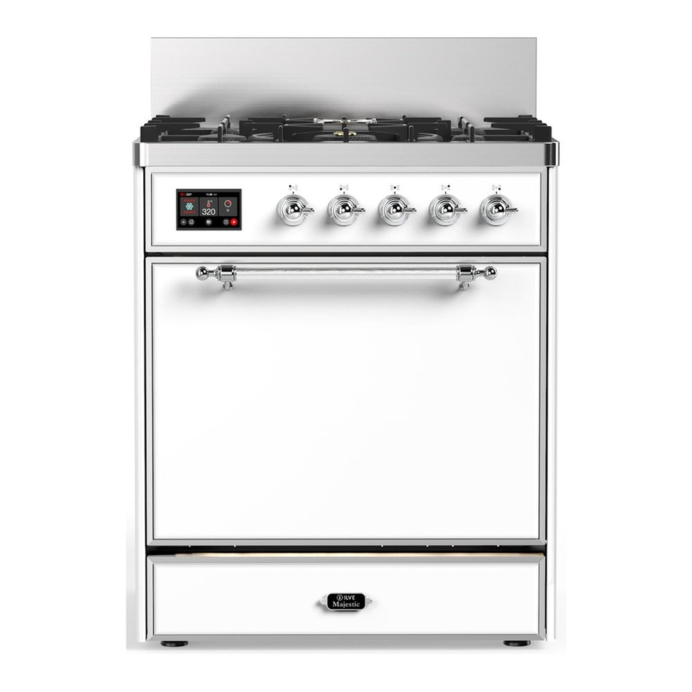 ILVE Majestic III 30" White Dual Fuel Range with 5 Burners Solid Door Liquid Propane