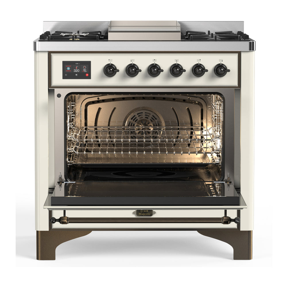 ILVE Majestic III 36" Antique White Dual Fuel Range with 6 Burners and Griddle Triple Glass Door Liquid Propane