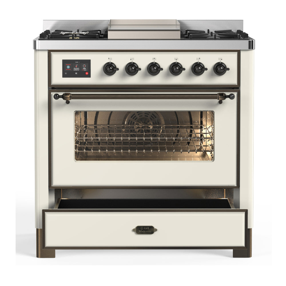 ILVE Majestic III 36" Antique White Dual Fuel Range with 6 Burners and Griddle Triple Glass Door Liquid Propane