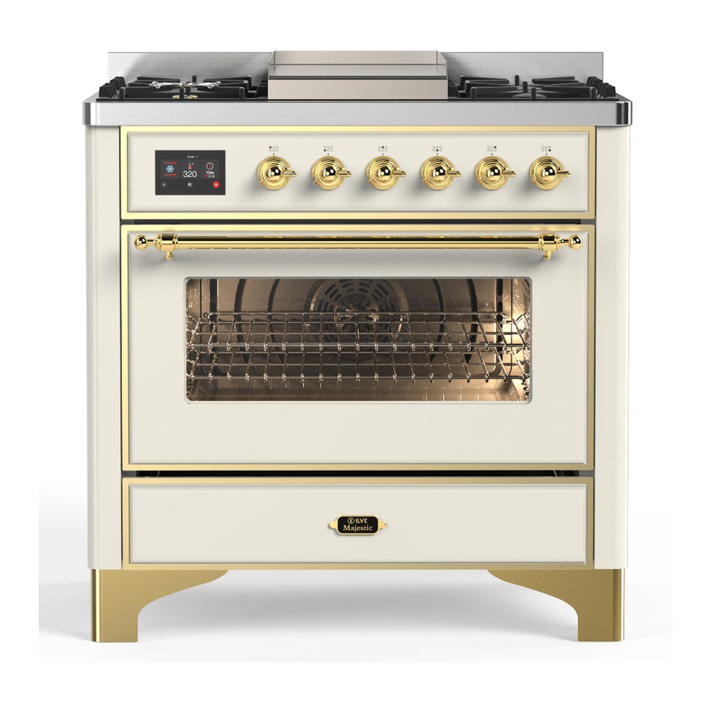 ILVE Majestic III 36" Antique White Dual Fuel Range with 6 Burners and Griddle Triple Glass Door Natural Gas