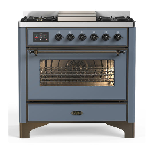 ILVE Majestic III 36" Blue Grey Dual Fuel Range with 6 Burners and Griddle Triple Glass Door Liquid Propane