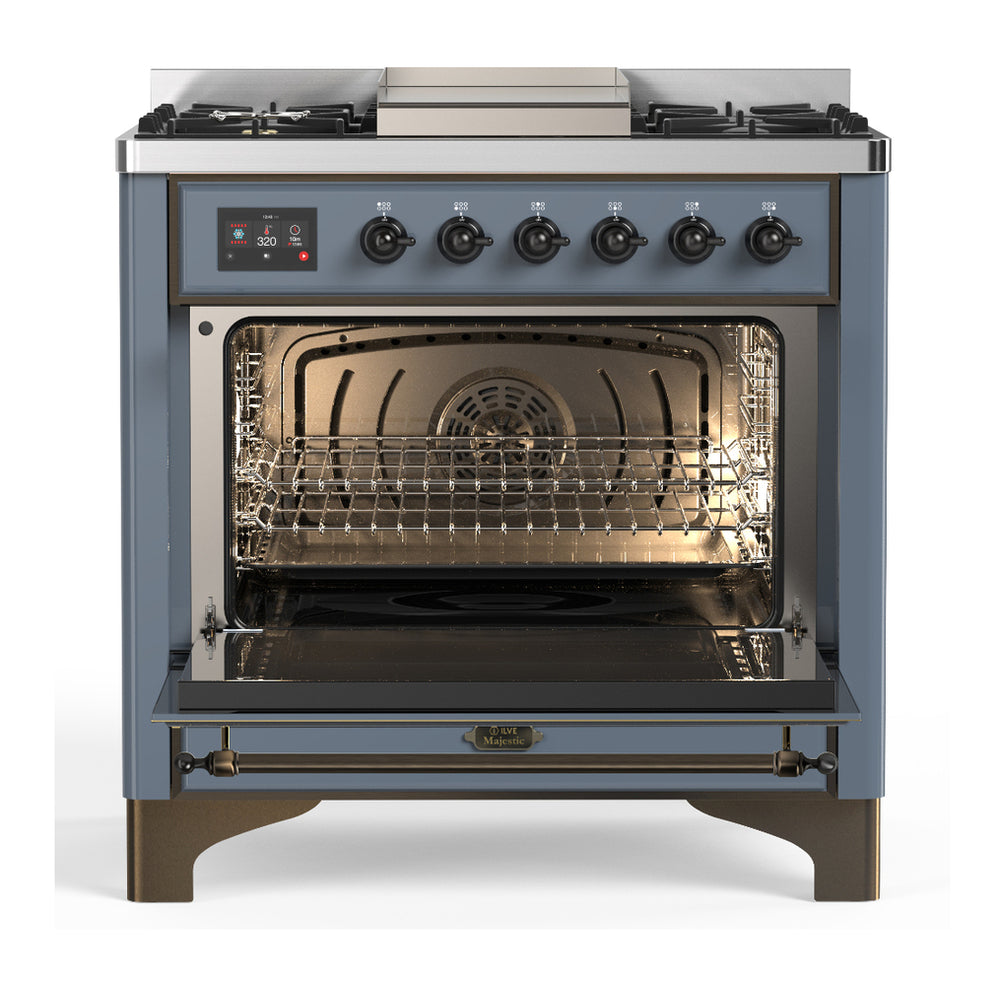 ILVE Majestic III 36" Blue Grey Dual Fuel Range with 6 Burners and Griddle Triple Glass Door Liquid Propane