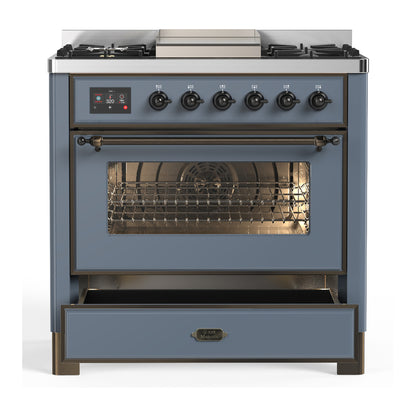 ILVE Majestic III 36" Blue Grey Dual Fuel Range with 6 Burners and Griddle Triple Glass Door Liquid Propane