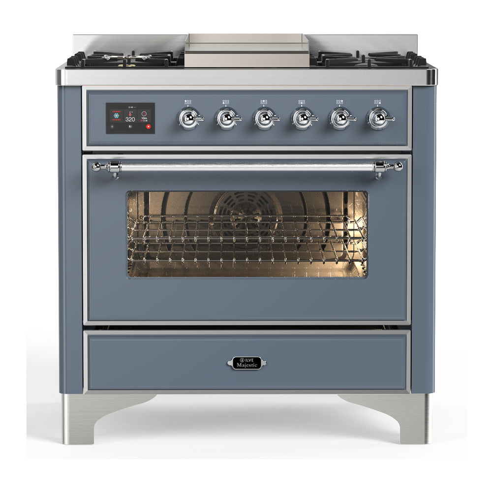 ILVE Majestic III 36" Blue Grey Dual Fuel Range with 6 Burners and Griddle Triple Glass Door Natural Gas
