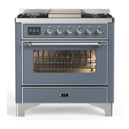 ILVE Majestic III 36" Blue Grey Dual Fuel Range with 6 Burners and Griddle Triple Glass Door Natural Gas