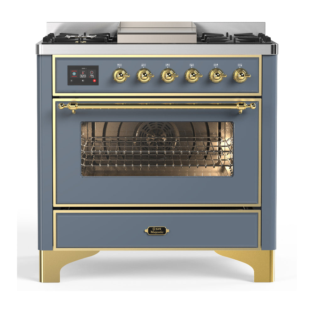 ILVE Majestic III 36" Blue Grey Dual Fuel Range with 6 Burners and Griddle Triple Glass Door Natural Gas