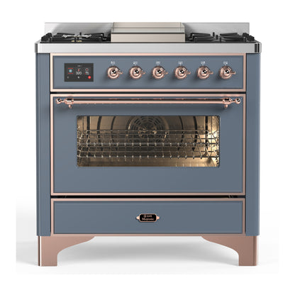 ILVE Majestic III 36" Blue Grey Dual Fuel Range with 6 Burners and Griddle Triple Glass Door Natural Gas