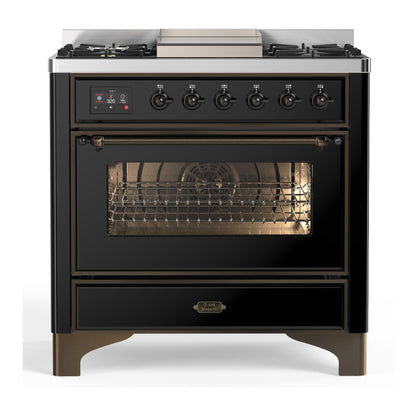 ILVE Majestic III 36" Glossy Black Dual Fuel Range with 6 Burners and Griddle Triple Glass Door Liquid Propane