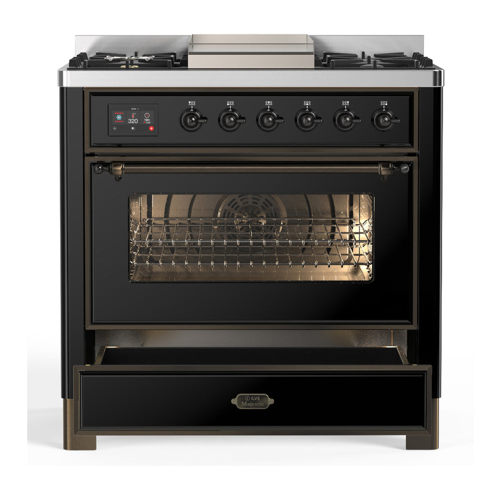 ILVE Majestic III 36" Glossy Black Dual Fuel Range with 6 Burners and Griddle Triple Glass Door Liquid Propane