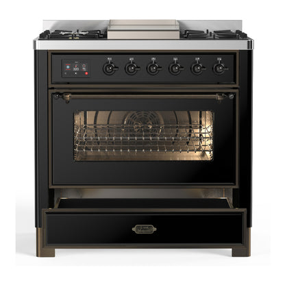 ILVE Majestic III 36" Glossy Black Dual Fuel Range with 6 Burners and Griddle Triple Glass Door Liquid Propane