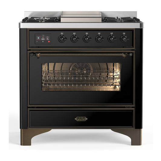 ILVE Majestic III 36" Glossy Black Dual Fuel Range with 6 Burners and Griddle Triple Glass Door Natural Gas