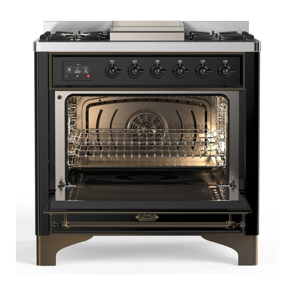 ILVE Majestic III 36" Glossy Black Dual Fuel Range with 6 Burners and Griddle Triple Glass Door Natural Gas