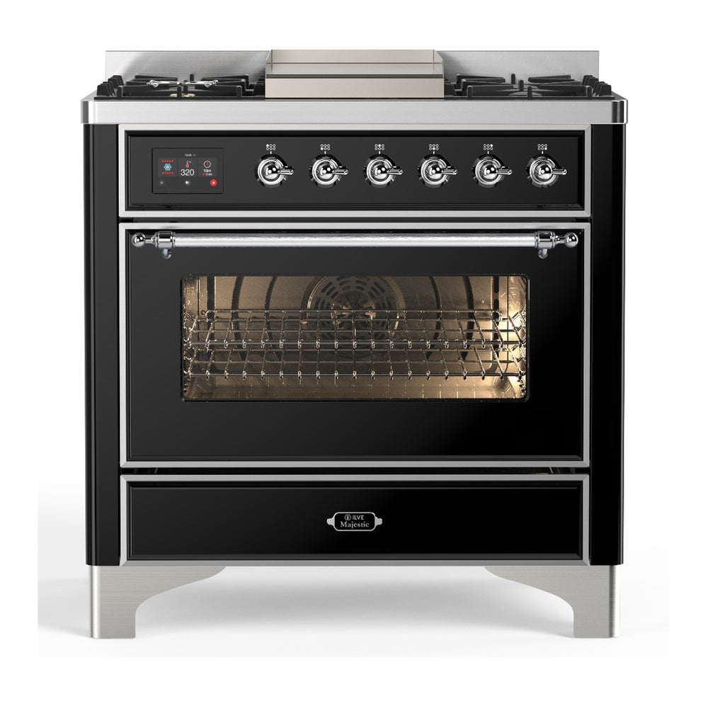 ILVE Majestic III 36" Glossy Black Dual Fuel Range with 6 Burners and Griddle Triple Glass Door Liquid Propane