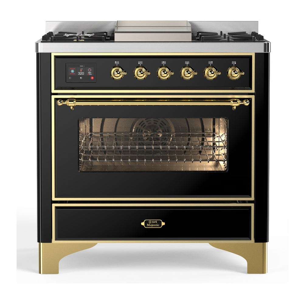ILVE Majestic III 36" Glossy Black Dual Fuel Range with 6 Burners and Griddle Triple Glass Door Liquid Propane