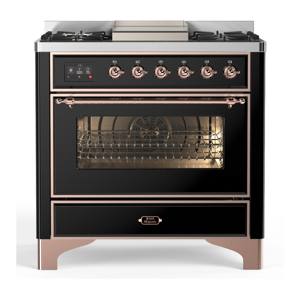 ILVE Majestic III 36" Glossy Black Dual Fuel Range with 6 Burners and Griddle Triple Glass Door Liquid Propane