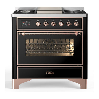 ILVE Majestic III 36" Glossy Black Dual Fuel Range with 6 Burners and Griddle Triple Glass Door Liquid Propane