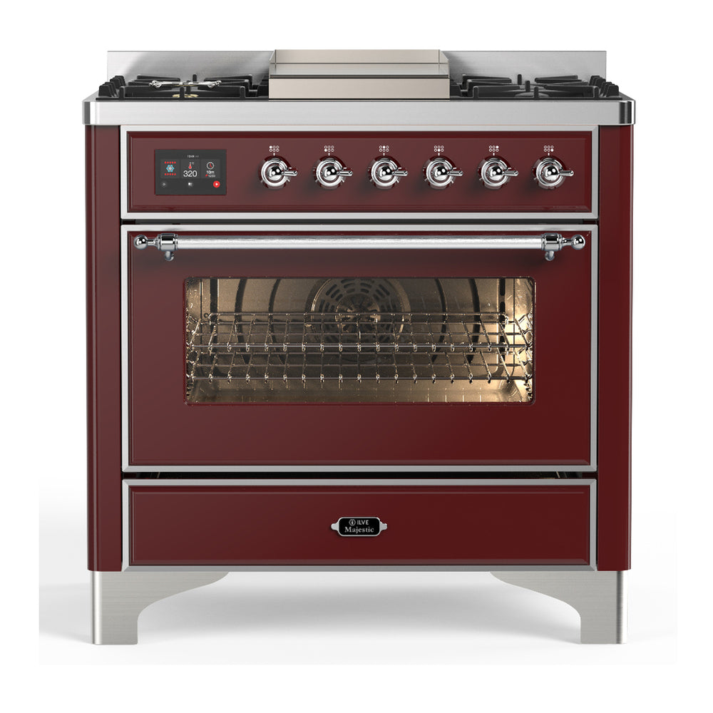 ILVE Majestic III 36" Burgundy Dual Fuel Range with 6 Burners and Griddle Triple Glass Door Liquid Propane