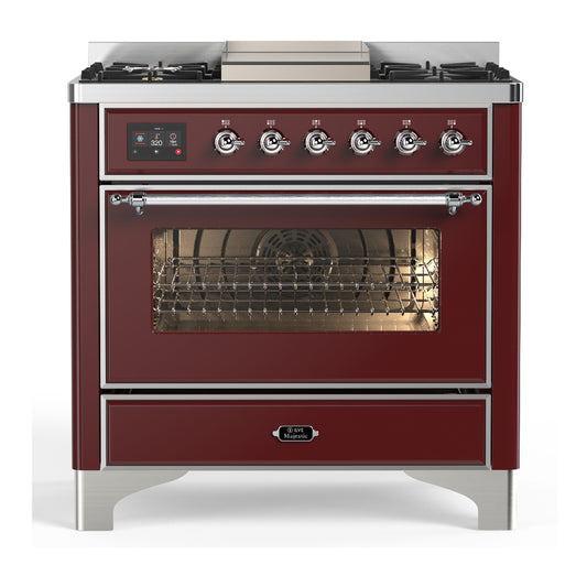 ILVE Majestic III 36" Burgundy Dual Fuel Range with 6 Burners and Griddle Triple Glass Door Natural Gas