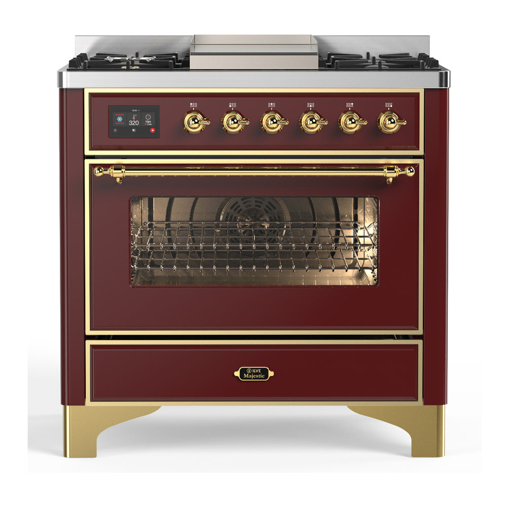ILVE Majestic III 36" Burgundy Dual Fuel Range with 6 Burners and Griddle Triple Glass Door Liquid Propane