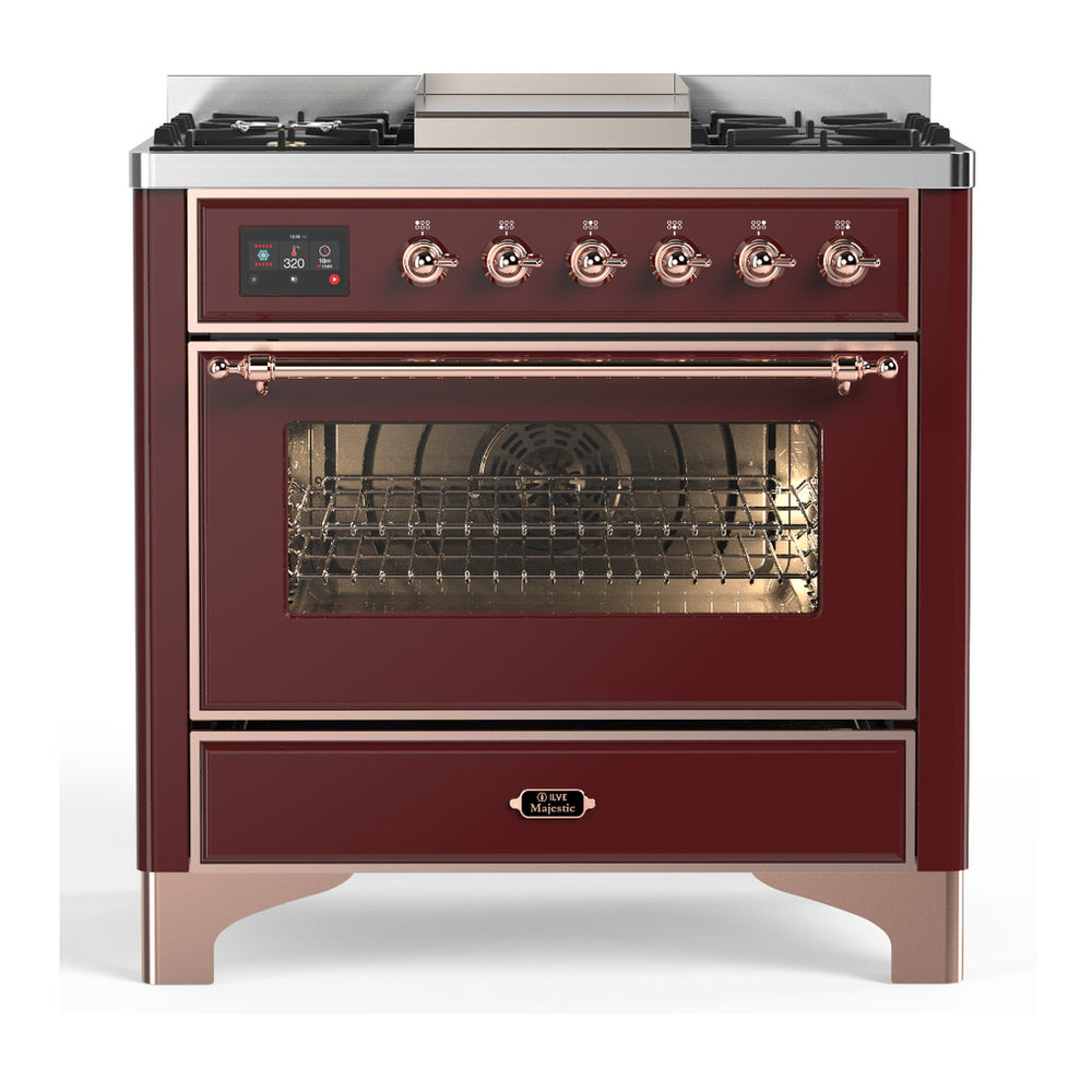 ILVE Majestic III 36" Burgundy Dual Fuel Range with 6 Burners and Griddle Triple Glass Door Natural Gas
